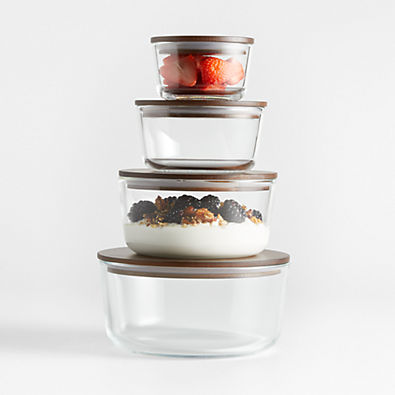 View Crate & Barrel 8-Piece Round Glass Food Storage Container Set with Dark Acacia Wood Lids details