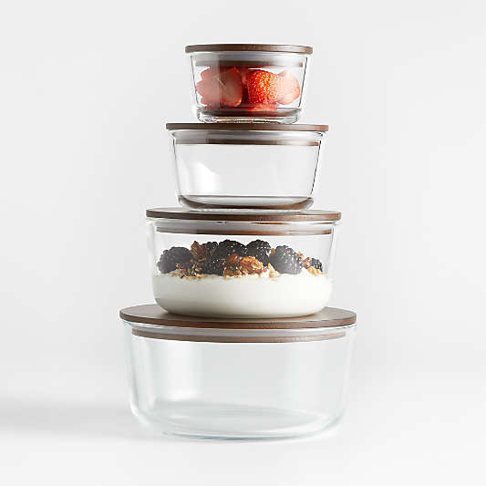 Crate & Barrel 8-Piece Round Glass Storage Containers with Dark Wood Lids