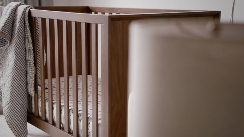 Play Tatum Walnut Mid-Century Wood Convertible Baby Crib with Toddler Bed Rail - video 1 of 1