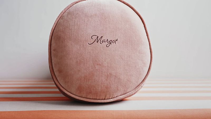 Play Rosy Lilac and Cyprus Green Harriet Stripe Velvet Kids Bolster Pillow - video 1 of 1