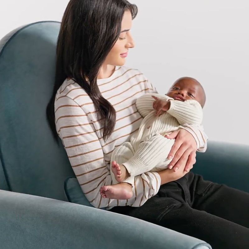 Play Miles Fawn Beige Velvet Nursery Power Recliner Chair with Wooden Base - video 1 of 1