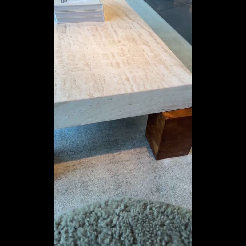 Play Dualité Travertine and Burl Wood Block Leg 53" Coffee Table by Athena Calderone - video 2 of 2