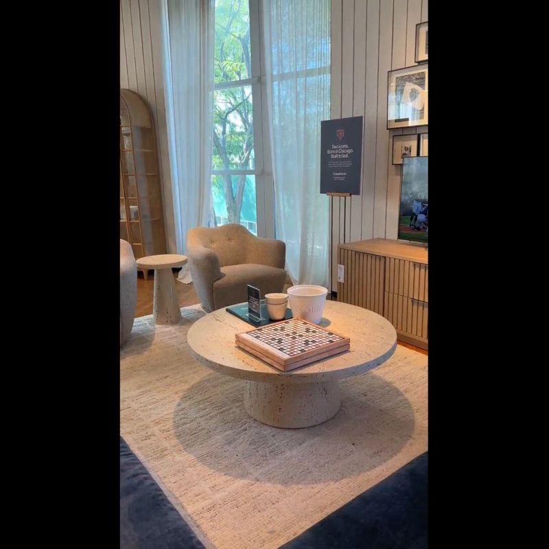 Play Willy Faux Travertine Resin 44" Round Pedestal Coffee Table by Leanne Ford - video 1 of 1