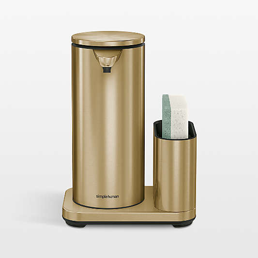 Simplehuman 14oz Sensor Pump, Touch-free Hand Soap Dispenser with Sponge Caddy, Brass Steel