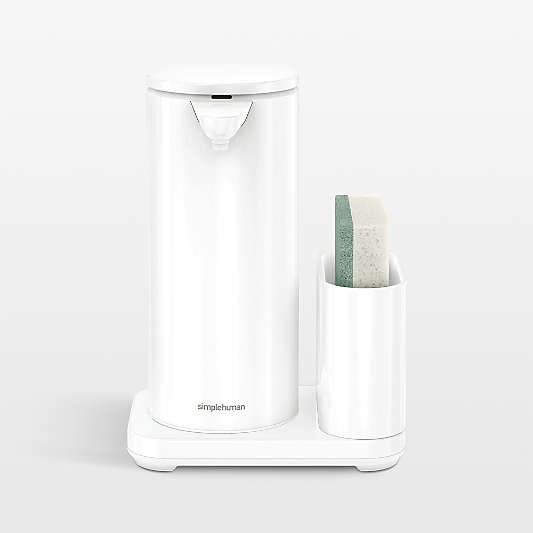 Simplehuman 14oz Sensor Pump, Touch-free Hand Soap Dispenser with Sponge Caddy, White Steel