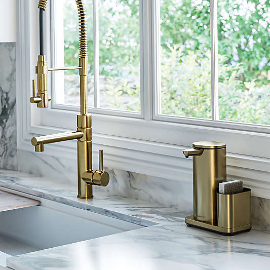 Simplehuman 14oz Sensor Pump, Touch-free Hand Soap Dispenser with Sponge Caddy, Brass Steel