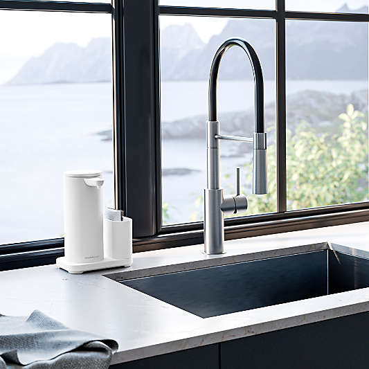 Simplehuman 14oz Sensor Pump, Touch-free Hand Soap Dispenser with Sponge Caddy, White Steel