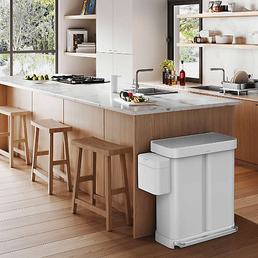 Simplehuman 58 Liter Recycling Kitchen Trash Can with Liner Pocket, White Steel