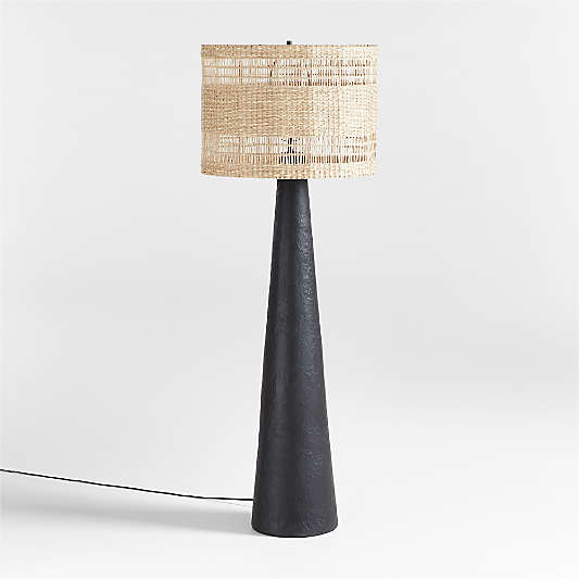 Santorini Black Plaster Floor Lamp with Woven Shade