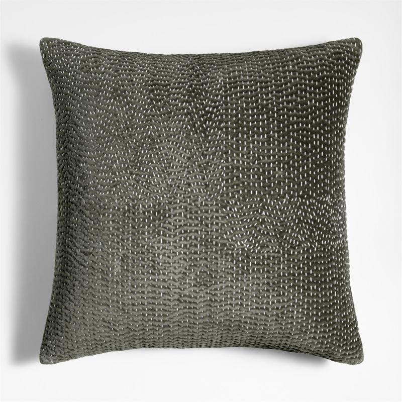 Sashiko Organic Cotton Velvet 20"x20" Burnt Green Throw Pillow with Feather Insert - image 0 of 8