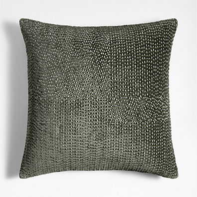 View Sashiko Organic Cotton Velvet 20"x20" Burnt Green Throw Pillow with Feather Insert details
