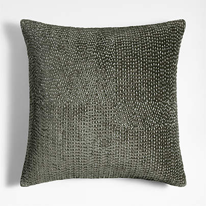 Sashiko Organic Cotton Velvet 20"x20" Burnt Green Throw Pillow with Feather Insert