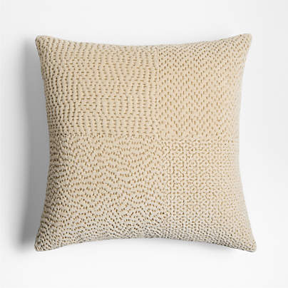 Sashiko Organic Cotton Velvet 20"x20" Travertine Beige Throw Pillow with Feather Insert