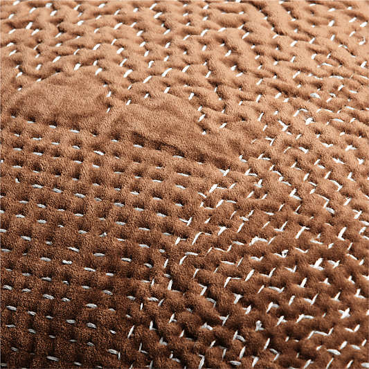Sashiko Organic Cotton Velvet 22"x15" Camel Tan Throw Pillow with Down-Alternative Insert