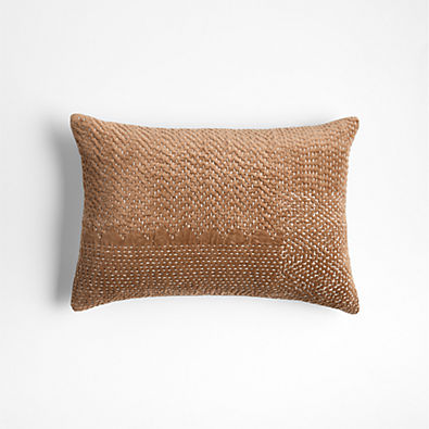 View Sashiko Organic Cotton Velvet 22x15 Camel Tan Throw Pillow with Feather Insert details