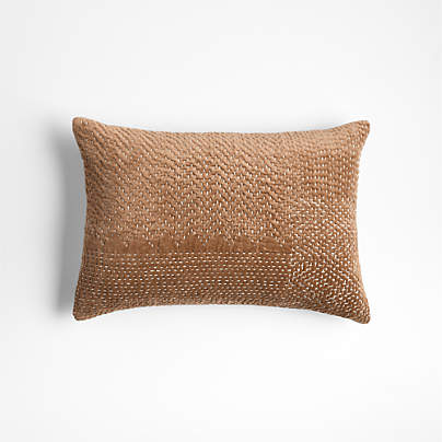 Sashiko Organic Cotton Velvet 22x15 Camel Tan Throw Pillow with Feather Insert