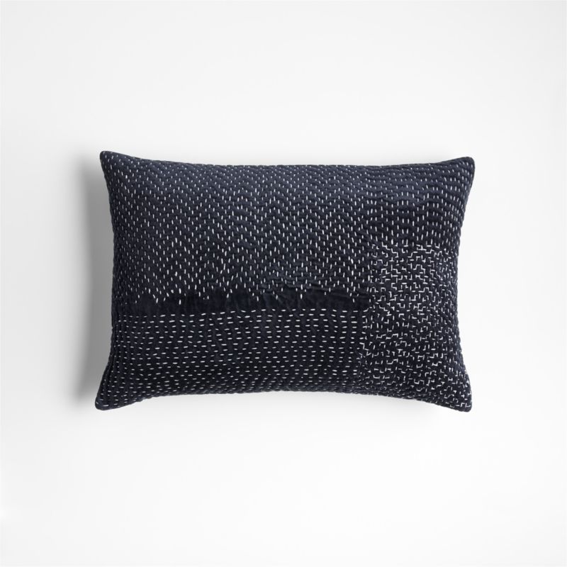 Sashiko Organic Cotton Velvet 22"x15" Deep Indigo Blue Throw Pillow with Down-Alternative Insert - image 0 of 8