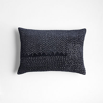 View Sashiko Organic Cotton Velvet 22x15 Deep Indigo Blue Throw Pillow with Feather Insert details