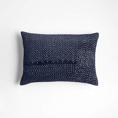 Sashiko Organic Cotton Velvet 22"x15" Deep Indigo Blue Throw Pillow with Feather Insert