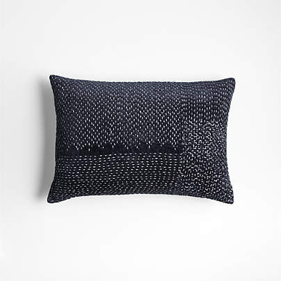 Sashiko Organic Cotton Velvet 22x15 Deep Indigo Blue Throw Pillow with Feather Insert