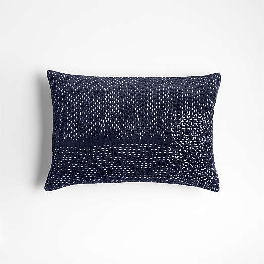 Sashiko Organic Cotton Velvet 22"x15" Deep Indigo Blue Throw Pillow