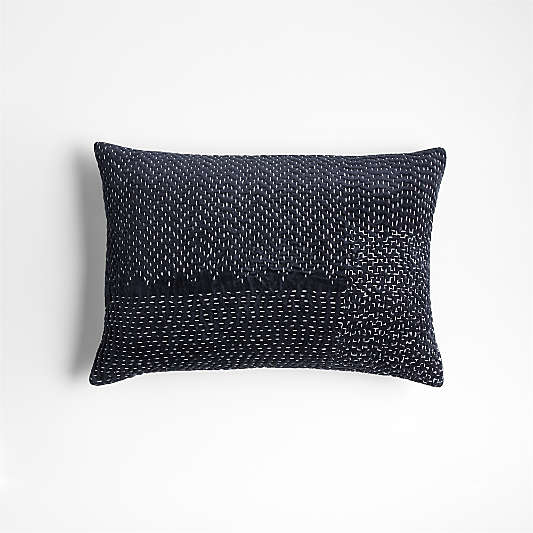 Sashiko Organic Cotton Velvet 22"x15" Deep Indigo Blue Throw Pillow