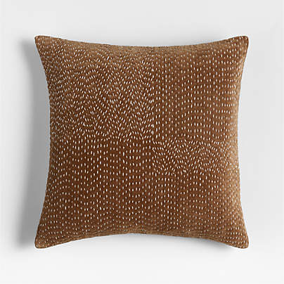 Sashiko Organic Cotton Velvet 20"x20" Chocolate Brown Throw Pillow with Down-Alternative Insert