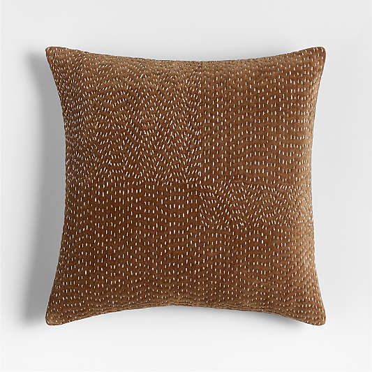 Sashiko Organic Cotton Velvet 20"x20" Chocolate Brown Throw Pillow with Feather Insert