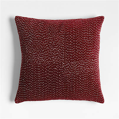 Sashiko Organic Cotton Velvet 20"x20" Luminous Red Throw Pillow with Feather Insert