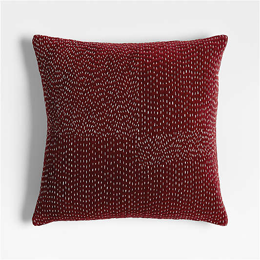 Sashiko Organic Cotton Velvet 20"x20" Luminous Red Throw Pillow with Down-Alternative Insert