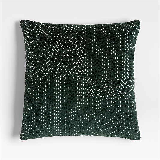 Sashiko Organic Cotton Velvet 20"x20" Spruce Green Throw Pillow with Down-Alternative Insert