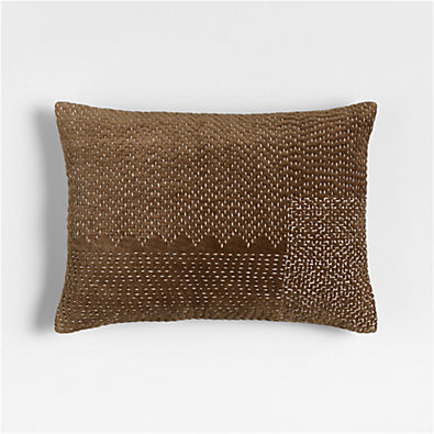 View Sashiko Organic Cotton Velvet 22"x15" Chocolate Brown Throw Pillow with Down-Alternative Insert details
