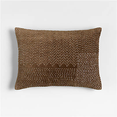 Sashiko Organic Cotton Velvet 22"x15" Chocolate Brown Throw Pillow with Feather Insert