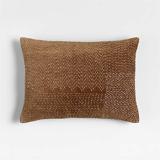 Sashiko Organic Cotton Velvet 22"x15" Chocolate Brown Throw Pillow