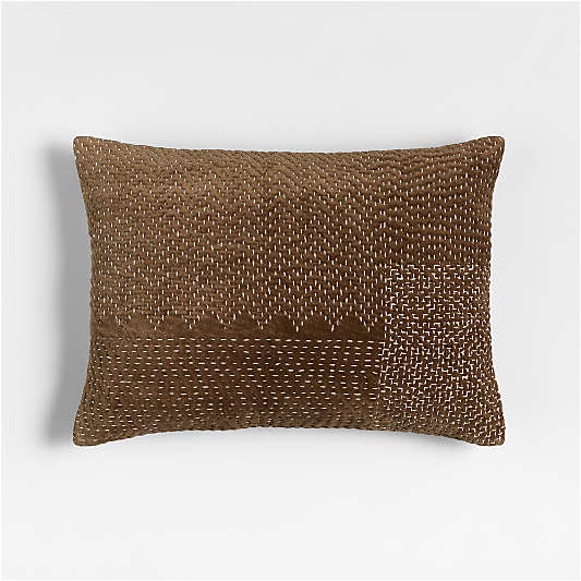 Sashiko Organic Cotton Velvet 22"x15" Chocolate Brown Throw Pillow with Feather Insert