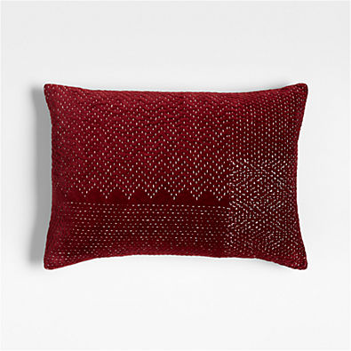View Sashiko Organic Cotton Velvet 22"x15" Luminous Red Throw Pillow Cover details