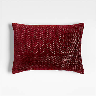 Sashiko Organic Cotton Velvet 22"x15" Luminous Red Throw Pillow with Down-Alternative Insert