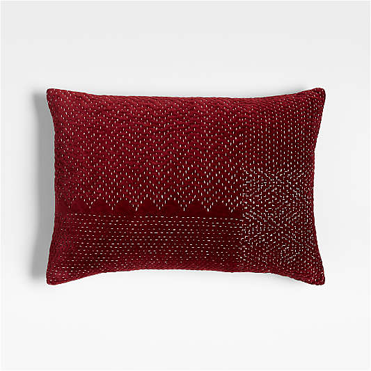 Sashiko Organic Cotton Velvet 22"x15" Luminous Red Throw Pillow with Down-Alternative Insert