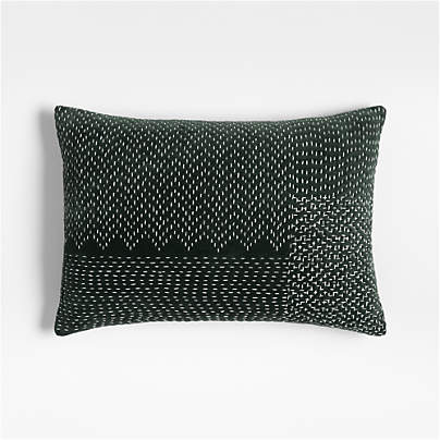 Sashiko Organic Cotton Velvet 22"x15" Spruce Green Throw Pillow with Down-Alternative Insert