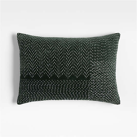 Sashiko Organic Cotton Velvet 22"x15" Spruce Green Throw Pillow