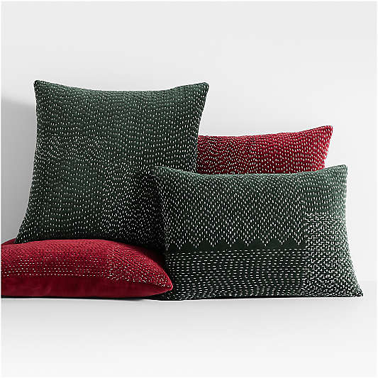 Sashiko Organic Cotton Velvet 22"x15" Luminous Red Throw Pillow Cover