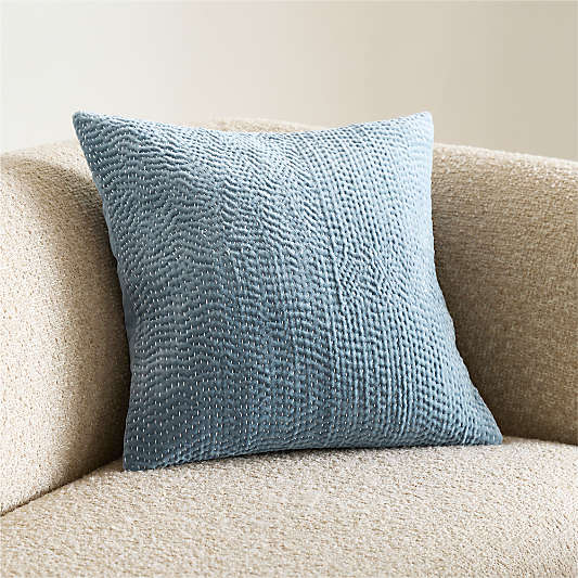 Sashiko Organic Cotton Velvet 20"x20" Blue Throw Pillow Cover