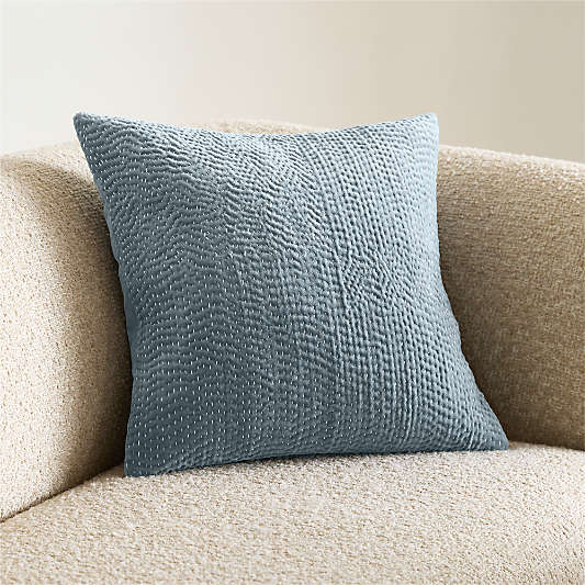 Sashiko Organic Cotton Velvet 20"x20" Blue Throw Pillow
