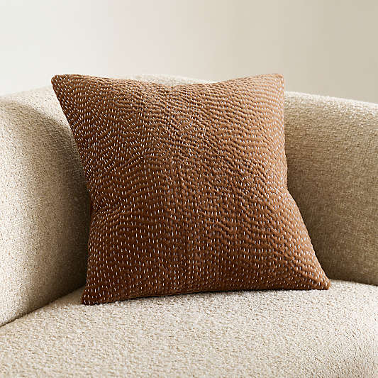 Sashiko Organic Cotton Velvet 20"x20" Camel Tan Throw Pillow