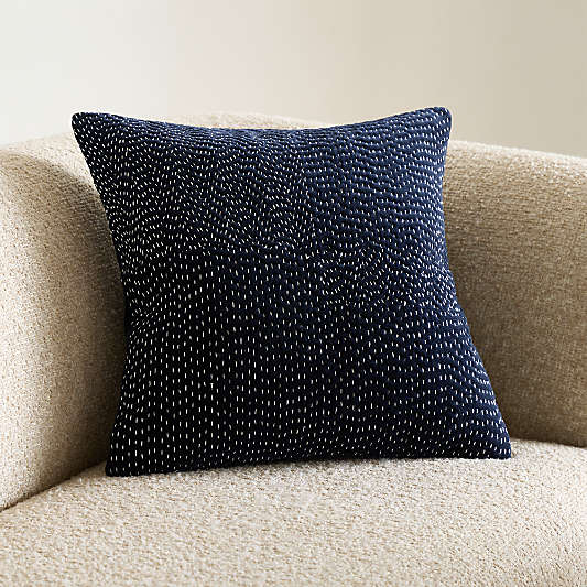 Sashiko Organic Cotton Velvet 20"x20" Deep Indigo Throw Pillow with Feather Insert