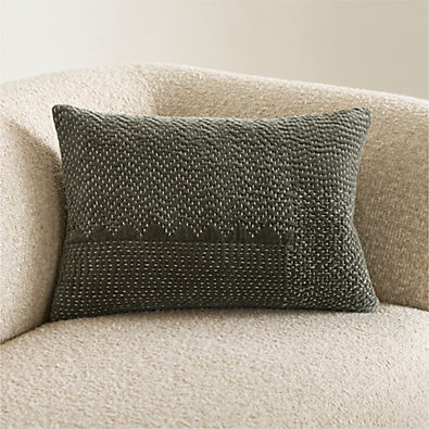 View Sashiko Organic Cotton Velvet 22"x15" Burnt Green Throw Pillow with Down-Alternative Insert details