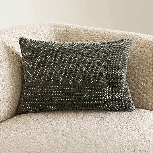 Sashiko Organic Cotton Velvet 22"x15" Burnt Green Throw Pillow with Down-Alternative Insert