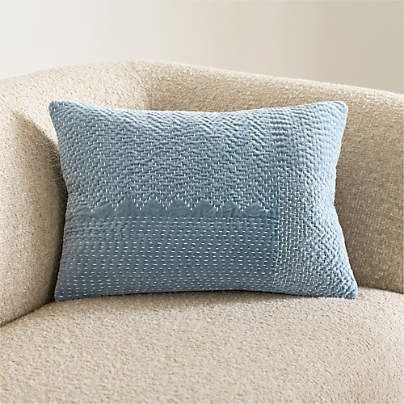 Sashiko Organic Cotton Velvet 22"x15" Blue Throw Pillow with Feather Insert
