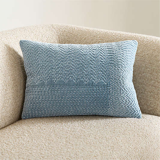 Sashiko Organic Cotton Velvet 22"x15" Blue Throw Pillow Cover