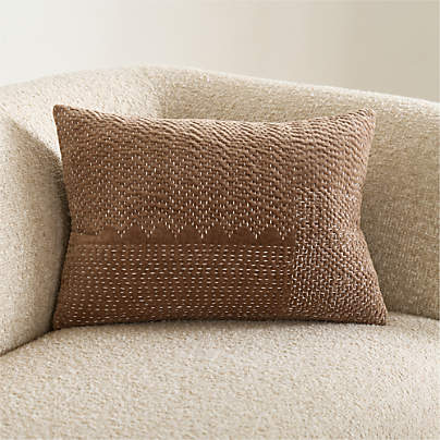 Sashiko Organic Cotton Velvet 22"x15" Chocolate Brown Throw Pillow with Down-Alternative Insert